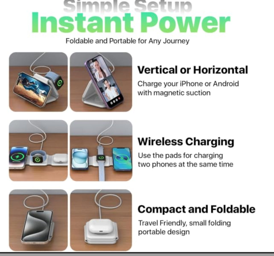 INTELLI foldup 3-in-1 Charging Station for Multiple Devices - Portable Wireless Charging Station Compatible with Apple Watch, iPhone, Samsung, Airpods and Qi Wireless Devices, White