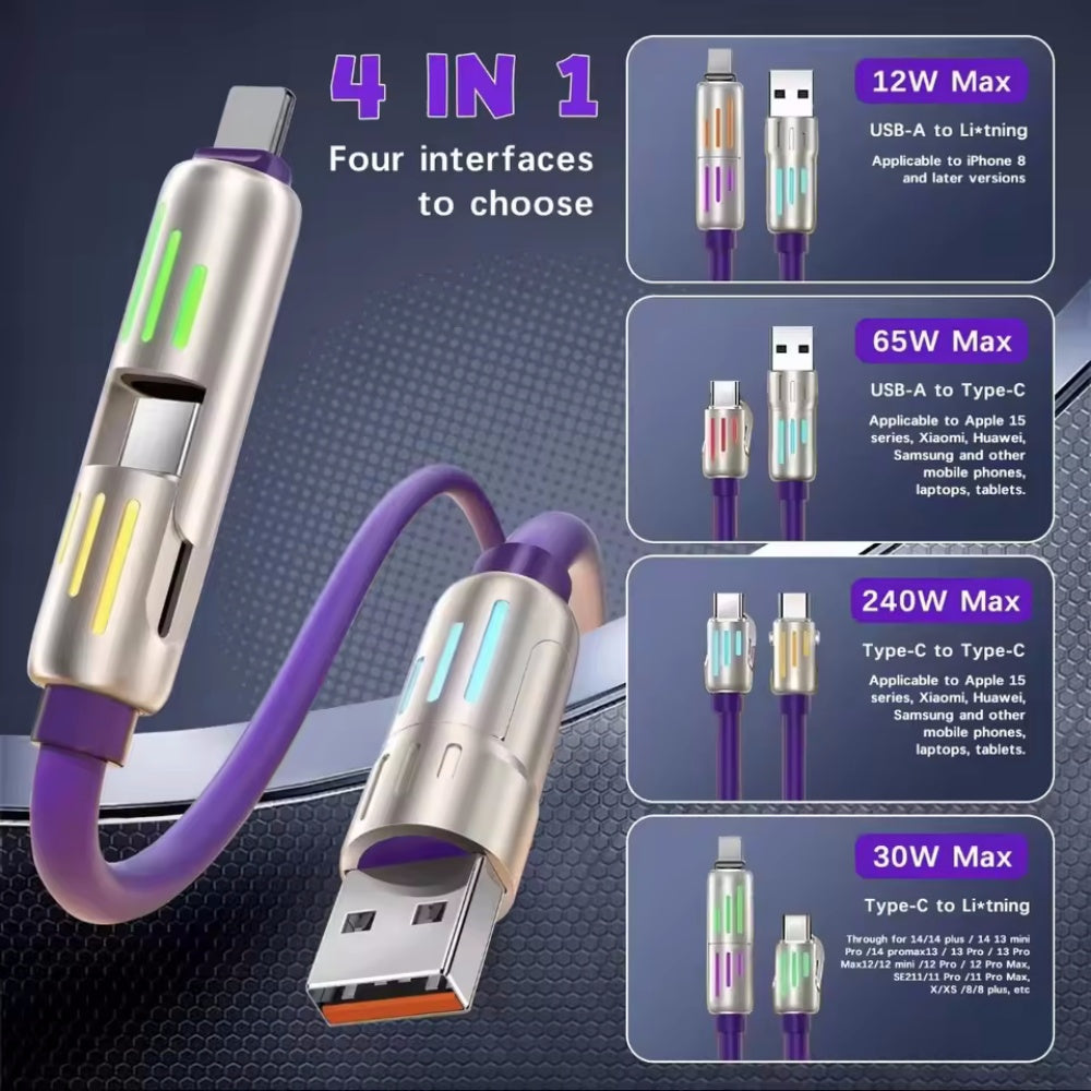Multi Connectors 4 in 1 Charger Rotating Elbow USB to Type-C 1.5m Mobile Phone 240W Fast Charging Silicone Cable Data Transfer