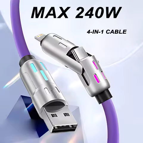 Multi Connectors 4 in 1 Charger Rotating Elbow USB to Type-C 1.5m Mobile Phone 240W Fast Charging Silicone Cable Data Transfer