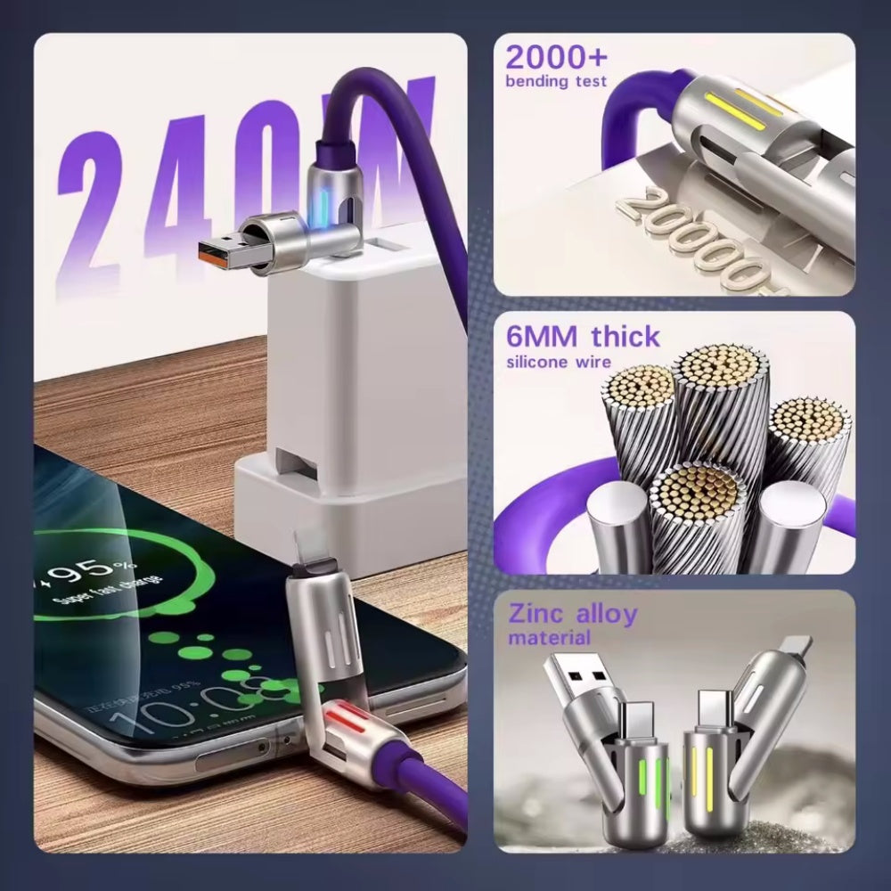 Multi Connectors 4 in 1 Charger Rotating Elbow USB to Type-C 1.5m Mobile Phone 240W Fast Charging Silicone Cable Data Transfer