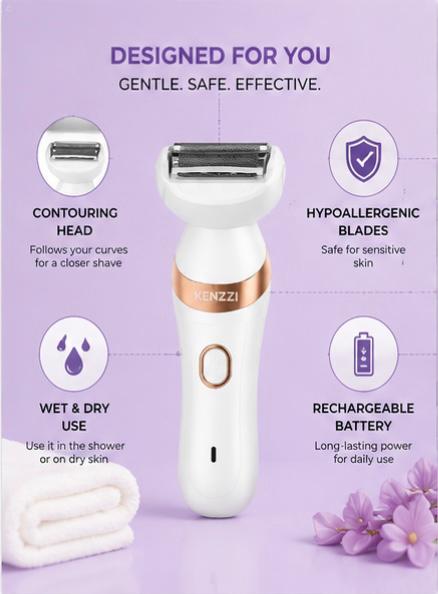 KENZZI Lady Shaver Rechargeable Electric Shaver for Women, Wet & Dry Use, Water-Resistant, Contouring Head