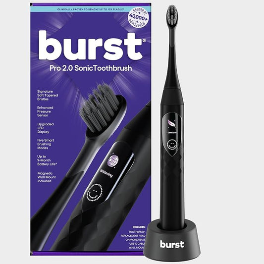 Burst Pro 2.0 Sonic Toothbrush for Adults (Black) | Electric Toothbrush | Smart Pressure Sensor | Soft Bristles | 5 Modes/Refined Scoring System | USB-C Charging | Magnetic Wall Mount
