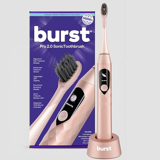 Burst Pro 2.0 Sonic Toothbrush for Adults (Black) | Electric Toothbrush | Smart Pressure Sensor | Soft Bristles | 5 Modes/Refined Scoring System | USB-C Charging | Magnetic Wall Mount