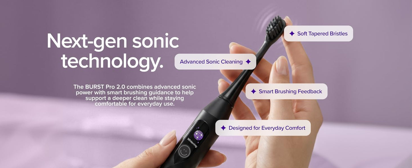 Burst Pro 2.0 Sonic Toothbrush for Adults (Black) | Electric Toothbrush | Smart Pressure Sensor | Soft Bristles | 5 Modes/Refined Scoring System | USB-C Charging | Magnetic Wall Mount