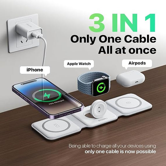 INTELLI foldup 3-in-1 Charging Station for Multiple Devices - Portable Wireless Charging Station Compatible with Apple Watch, iPhone, Samsung, Airpods and Qi Wireless Devices, White