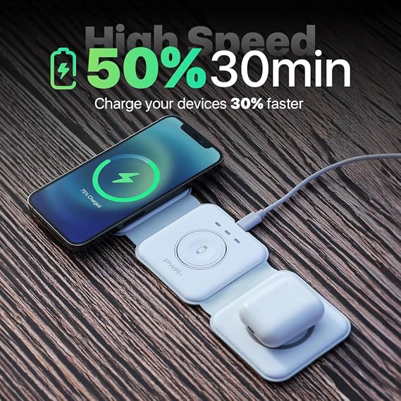 INTELLI foldup 3-in-1 Charging Station for Multiple Devices - Portable Wireless Charging Station Compatible with Apple Watch, iPhone, Samsung, Airpods and Qi Wireless Devices, White