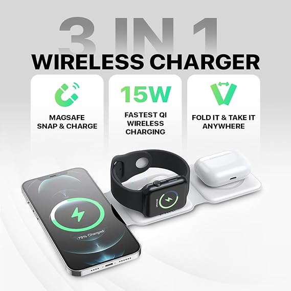 INTELLI foldup 3-in-1 Charging Station for Multiple Devices - Portable Wireless Charging Station Compatible with Apple Watch, iPhone, Samsung, Airpods and Qi Wireless Devices, White